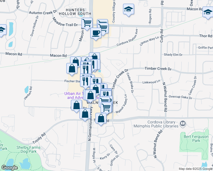 map of restaurants, bars, coffee shops, grocery stores, and more near 8101 Walnut Run Road in Memphis