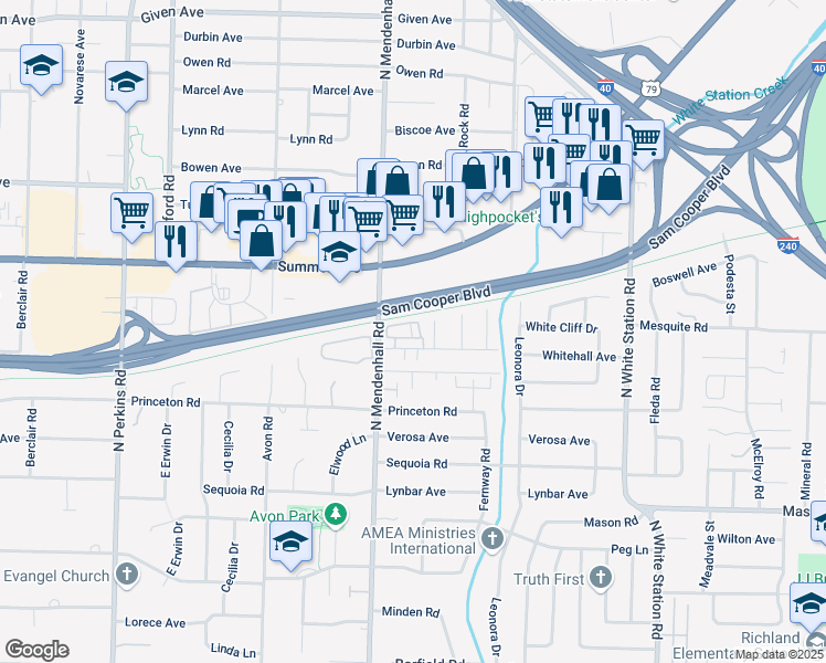 map of restaurants, bars, coffee shops, grocery stores, and more near 563 East Mendenview Drive in Memphis