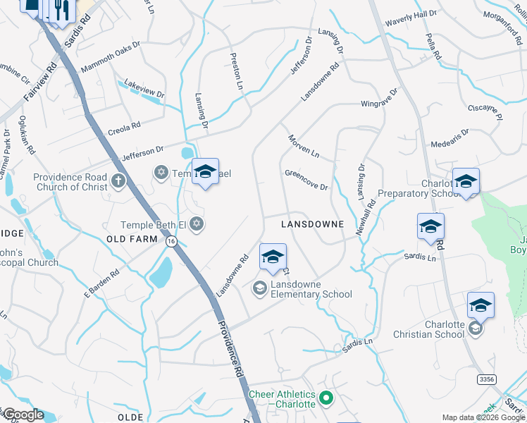 map of restaurants, bars, coffee shops, grocery stores, and more near 755 Lansdowne Road in Charlotte