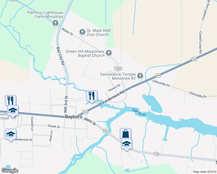 map of restaurants, bars, coffee shops, grocery stores, and more near 406 Vance Street in Bayboro