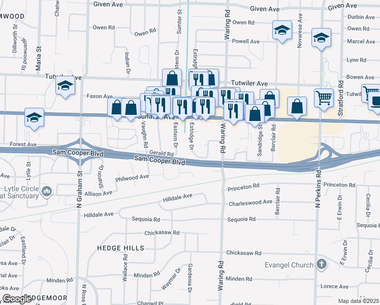 map of restaurants, bars, coffee shops, grocery stores, and more near 591 Estridge Drive in Memphis