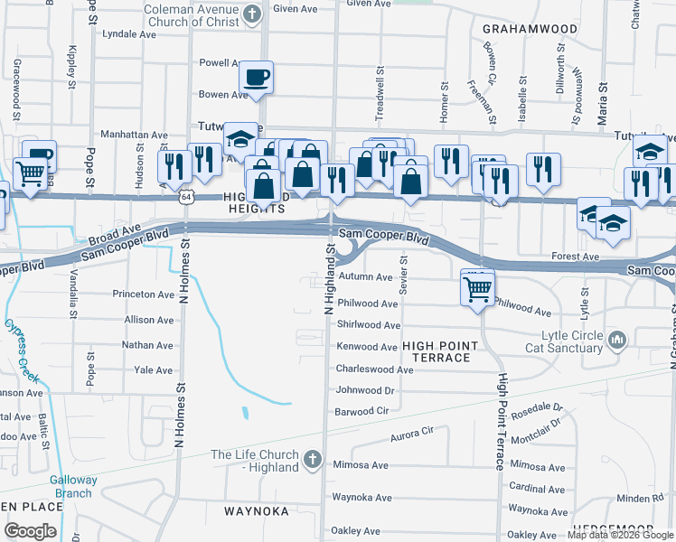 map of restaurants, bars, coffee shops, grocery stores, and more near 532 North Highland Street in Memphis