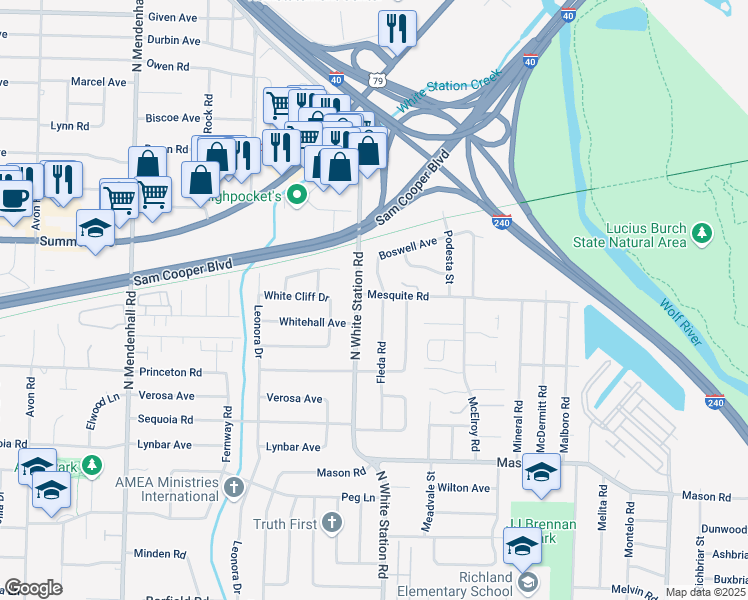 map of restaurants, bars, coffee shops, grocery stores, and more near 5231 Mesquite Road in Memphis