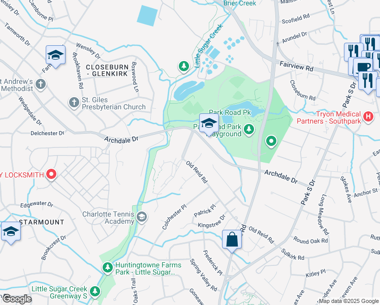 map of restaurants, bars, coffee shops, grocery stores, and more near 6501 Old Reid Road in Charlotte