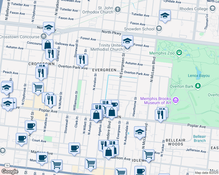 map of restaurants, bars, coffee shops, grocery stores, and more near 1670 Carruthers Place in Memphis