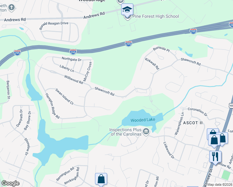map of restaurants, bars, coffee shops, grocery stores, and more near 430 Shawcroft Road in Fayetteville