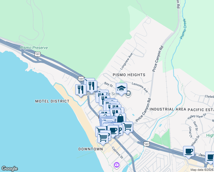 map of restaurants, bars, coffee shops, grocery stores, and more near 551 Harloe Avenue in Pismo Beach