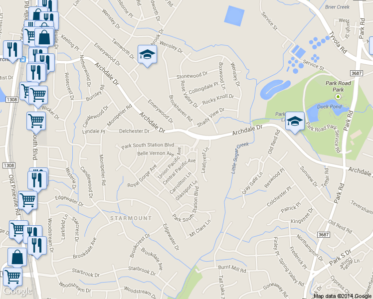 map of restaurants, bars, coffee shops, grocery stores, and more near 6413 Union Station Court in Charlotte