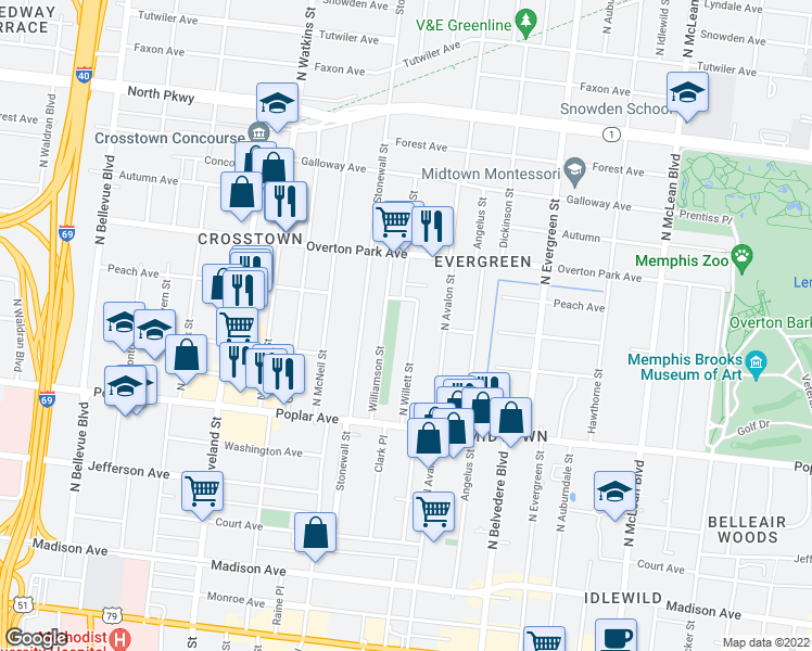 map of restaurants, bars, coffee shops, grocery stores, and more near 305 North Willett Street in Memphis