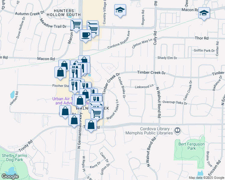 map of restaurants, bars, coffee shops, grocery stores, and more near 8163 Walnut Valley Cove in Memphis