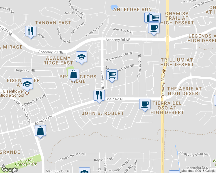 map of restaurants, bars, coffee shops, grocery stores, and more near 5800 Mimosa Place Northeast in Albuquerque