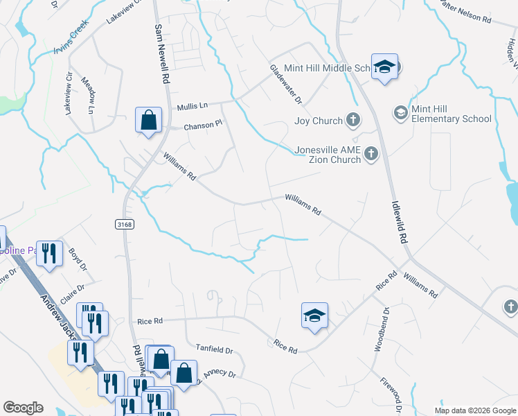 map of restaurants, bars, coffee shops, grocery stores, and more near 2608 Williams Road in Matthews