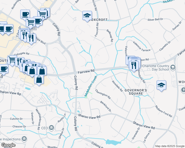 map of restaurants, bars, coffee shops, grocery stores, and more near 4615 Colony Road in Charlotte