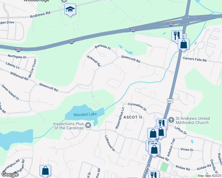 map of restaurants, bars, coffee shops, grocery stores, and more near 6052 Iverleigh Circle in Fayetteville