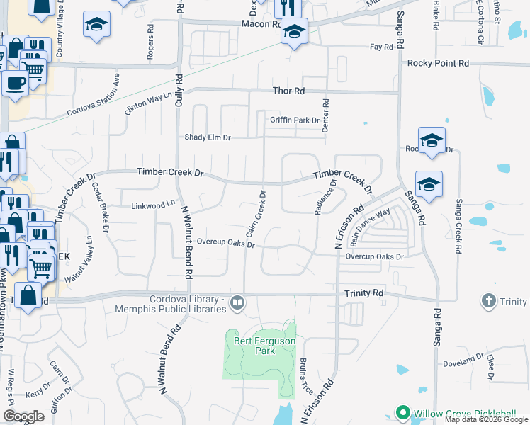 map of restaurants, bars, coffee shops, grocery stores, and more near 778 Cairn Creek Drive in Memphis
