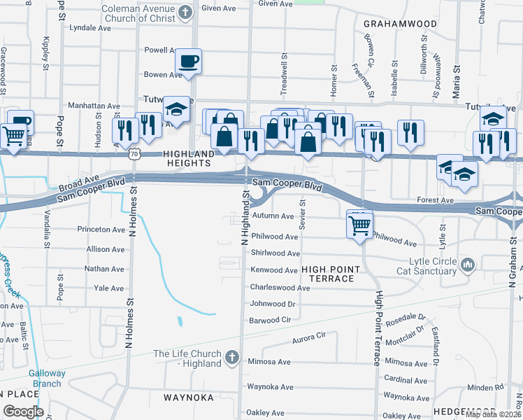 map of restaurants, bars, coffee shops, grocery stores, and more near 3540 Autumn in Memphis
