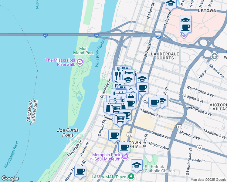 map of restaurants, bars, coffee shops, grocery stores, and more near 56 Court Avenue in Memphis