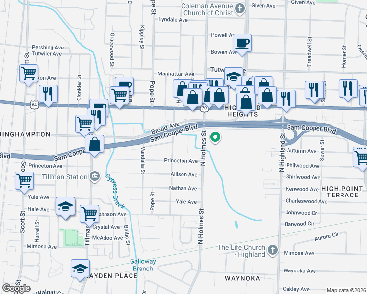 map of restaurants, bars, coffee shops, grocery stores, and more near 533 Bon Air Street in Memphis