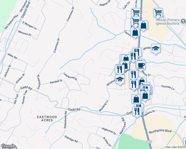 map of restaurants, bars, coffee shops, grocery stores, and more near 778 Winding Hills Lane in Chattanooga