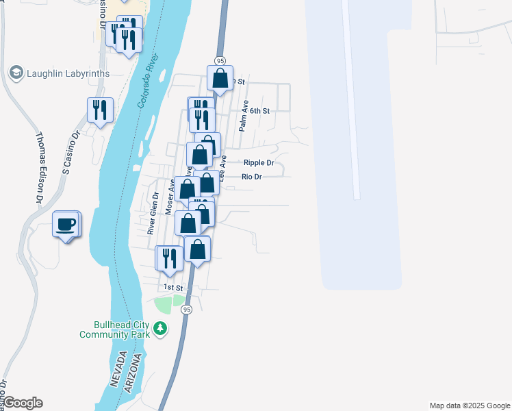 map of restaurants, bars, coffee shops, grocery stores, and more near 350 Lee Avenue in Bullhead City