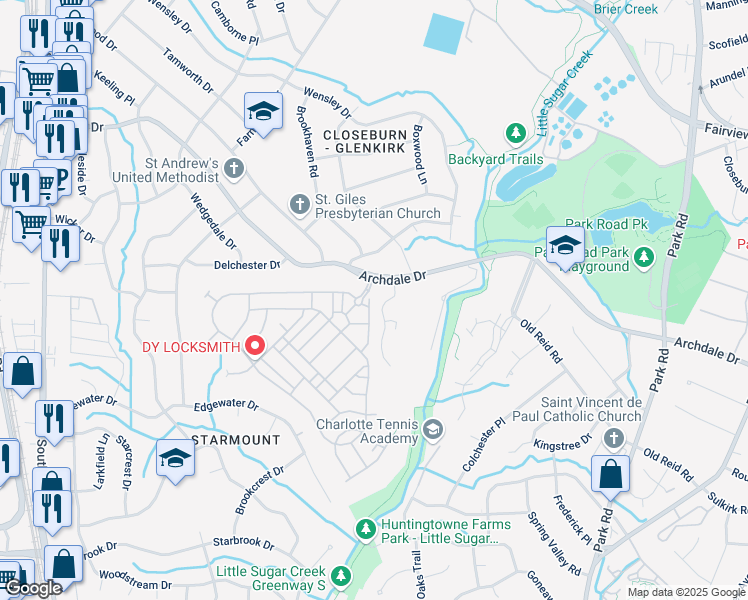 map of restaurants, bars, coffee shops, grocery stores, and more near 2215 Whitford Lane in Charlotte
