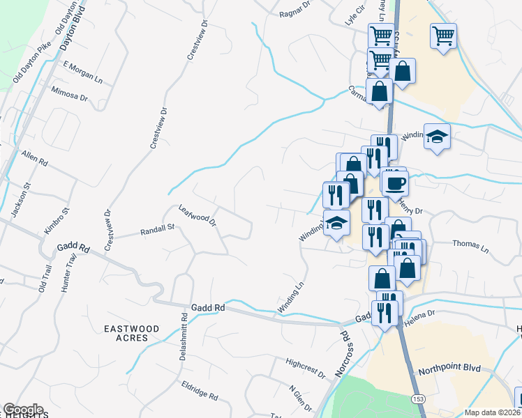 map of restaurants, bars, coffee shops, grocery stores, and more near 778 Winding Hills Lane in Chattanooga