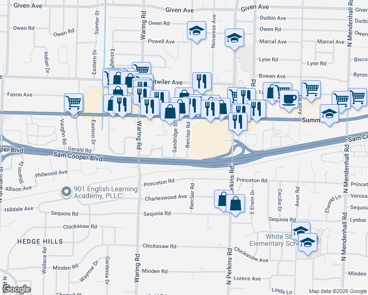 map of restaurants, bars, coffee shops, grocery stores, and more near 552 Berclair Road in Memphis