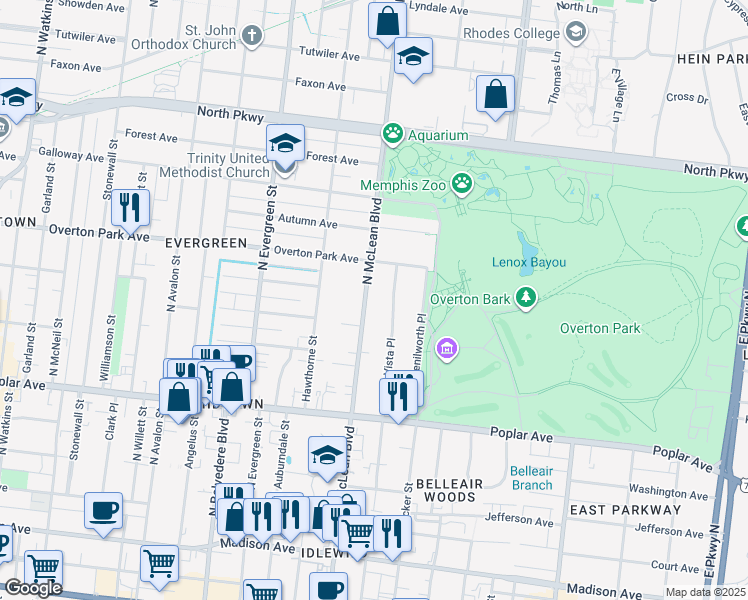 map of restaurants, bars, coffee shops, grocery stores, and more near 323 North McLean Boulevard in Memphis