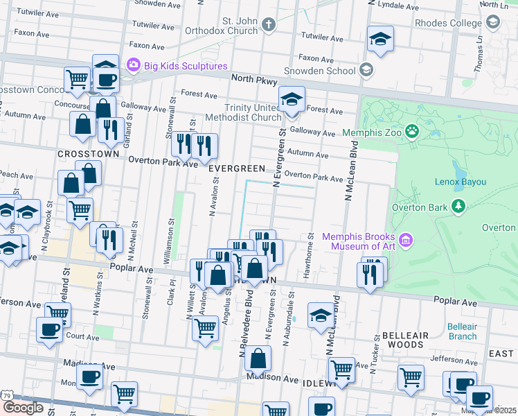 map of restaurants, bars, coffee shops, grocery stores, and more near 1670 Carruthers Place in Memphis