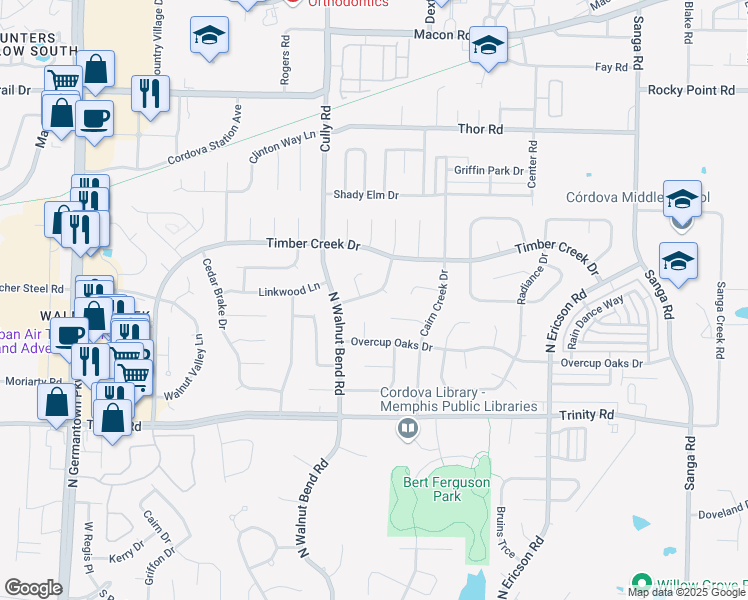 map of restaurants, bars, coffee shops, grocery stores, and more near 8409 Wood Shadows Lane in Memphis
