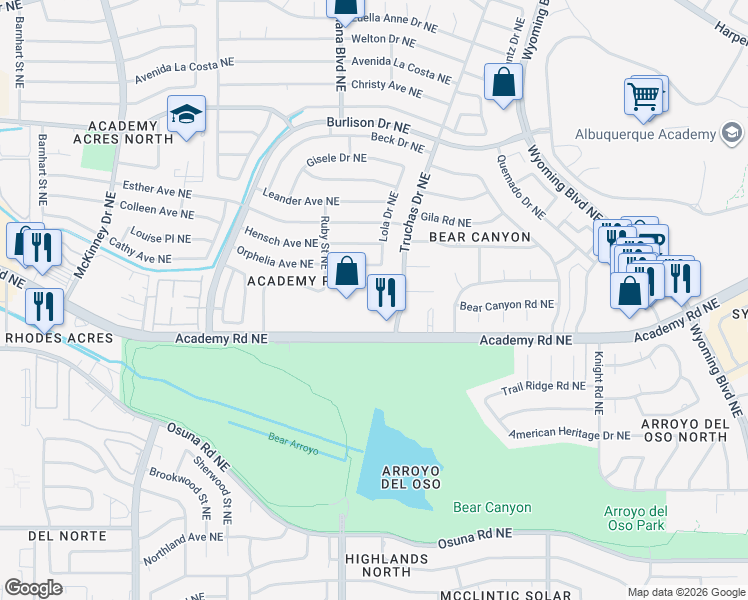 map of restaurants, bars, coffee shops, grocery stores, and more near 6739 Academy Road Northeast in Albuquerque