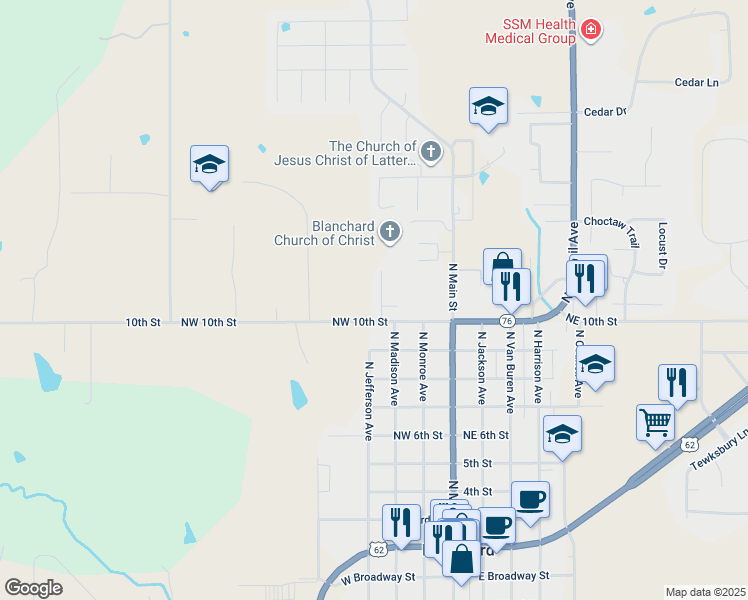 map of restaurants, bars, coffee shops, grocery stores, and more near 1023 North Madison Avenue in Blanchard