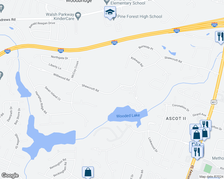 map of restaurants, bars, coffee shops, grocery stores, and more near 412 Shawcroft Road in Fayetteville