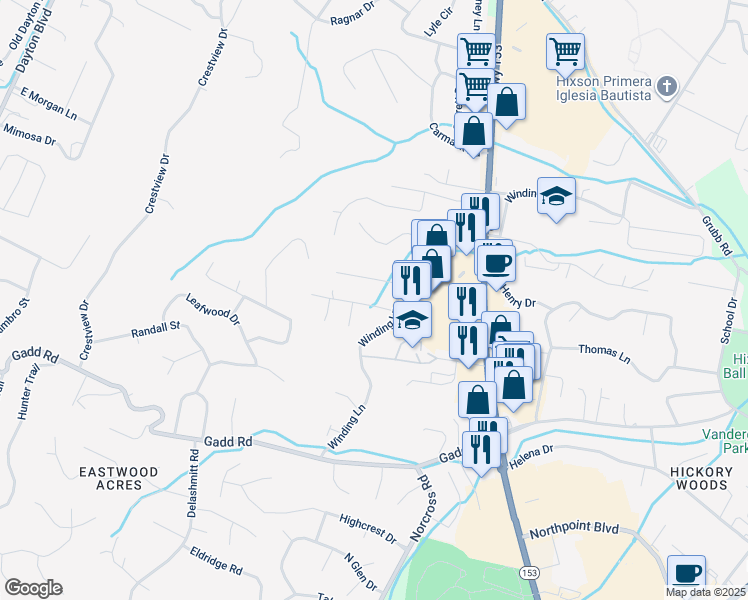 map of restaurants, bars, coffee shops, grocery stores, and more near 913 Winding Hills Lane in Chattanooga