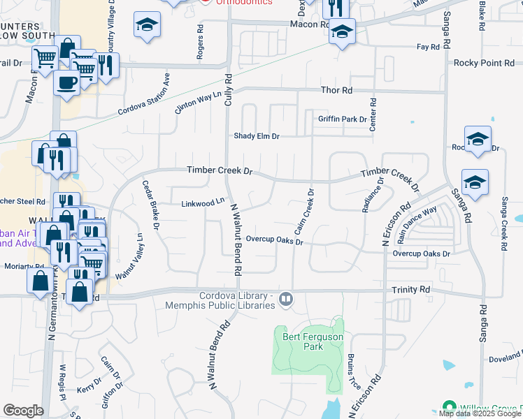 map of restaurants, bars, coffee shops, grocery stores, and more near 8409 Wood Shadows Lane in Memphis