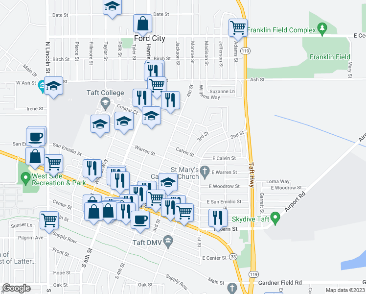 map of restaurants, bars, coffee shops, grocery stores, and more near 302 Calvin Street in Taft