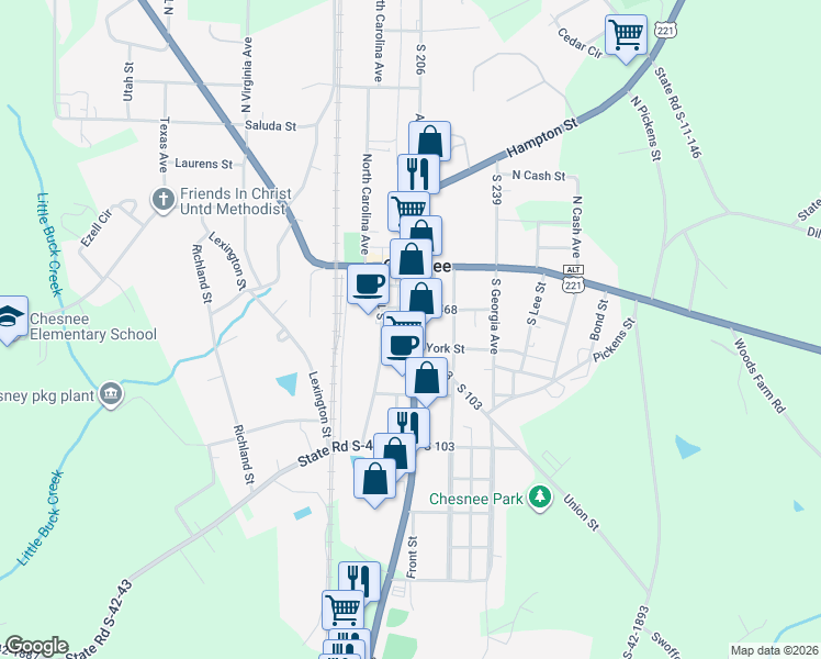 map of restaurants, bars, coffee shops, grocery stores, and more near 220 South Alabama Avenue in Chesnee