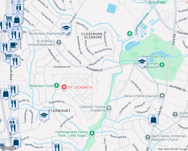map of restaurants, bars, coffee shops, grocery stores, and more near 2215 Whitford Lane in Charlotte