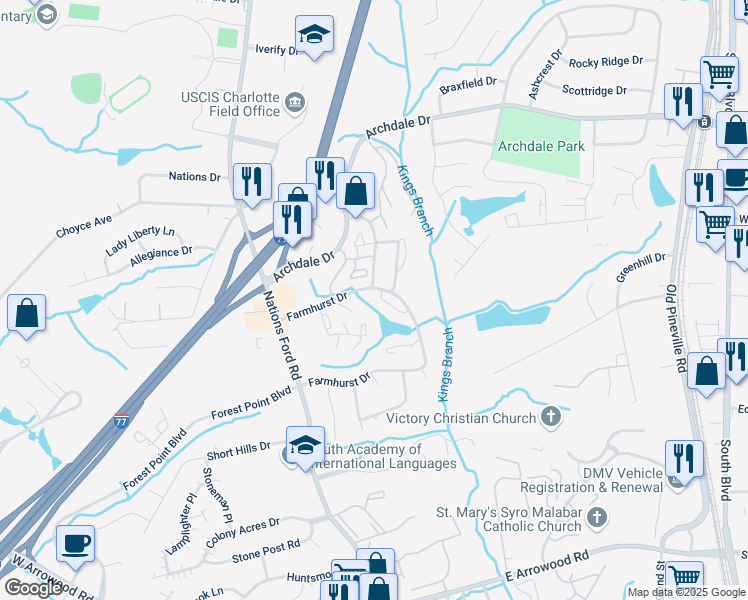 map of restaurants, bars, coffee shops, grocery stores, and more near 719 Farmhurst Drive in Charlotte