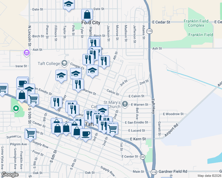 map of restaurants, bars, coffee shops, grocery stores, and more near 322 Calvin Street in Taft