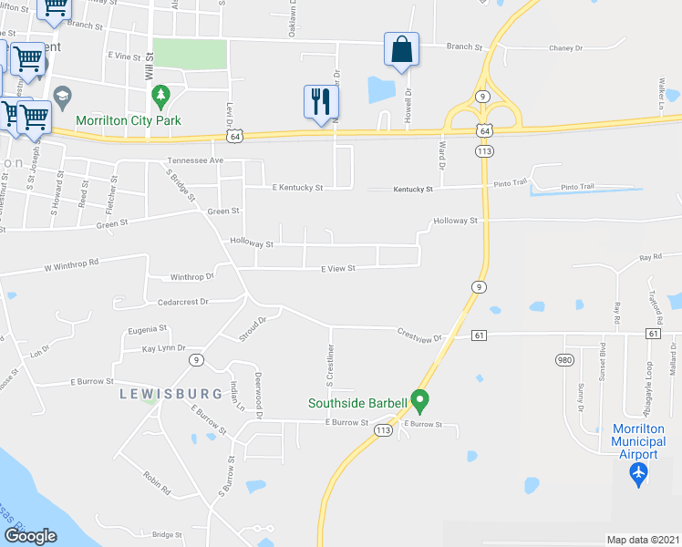 map of restaurants, bars, coffee shops, grocery stores, and more near 1402 East View Street in Morrilton