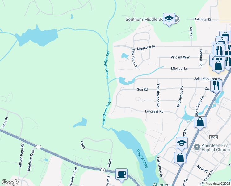 map of restaurants, bars, coffee shops, grocery stores, and more near 744 Sun Road in Aberdeen