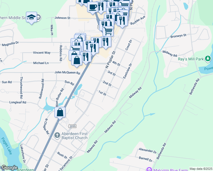 map of restaurants, bars, coffee shops, grocery stores, and more near 1309 Crest Drive in Aberdeen