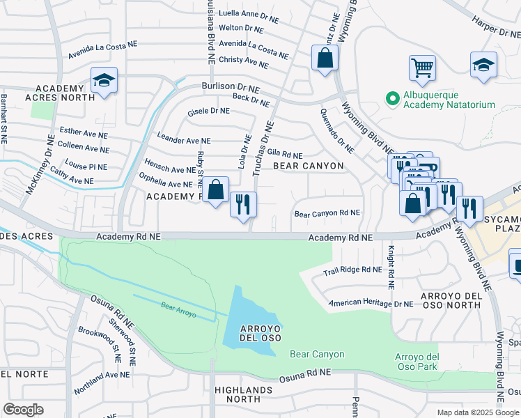 map of restaurants, bars, coffee shops, grocery stores, and more near 7400 Brazos Court Northeast in Albuquerque