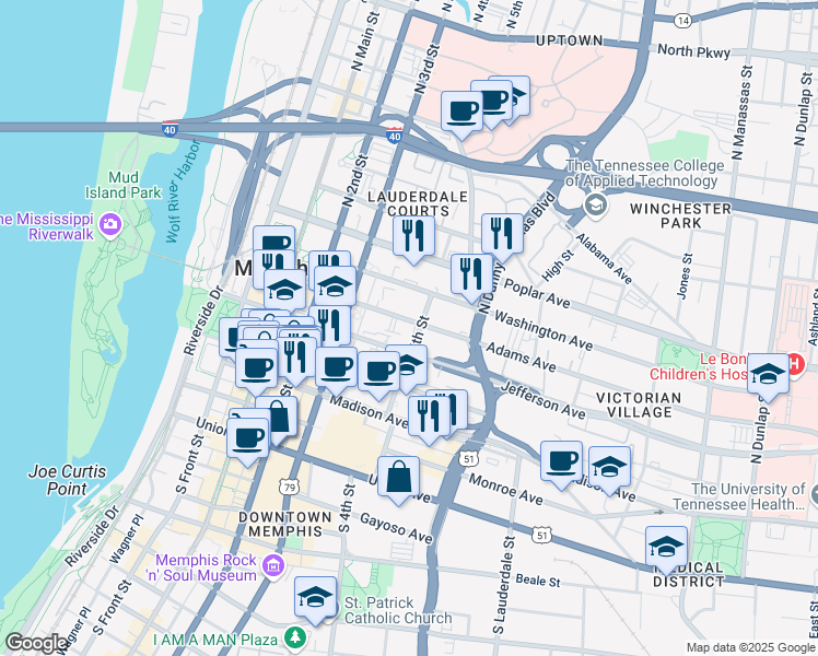 map of restaurants, bars, coffee shops, grocery stores, and more near in Memphis