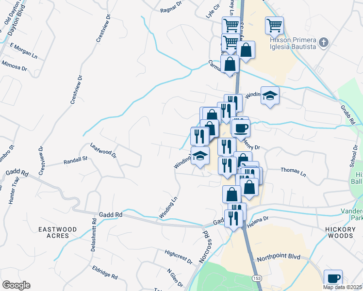 map of restaurants, bars, coffee shops, grocery stores, and more near 913 Winding Hills Lane in Chattanooga
