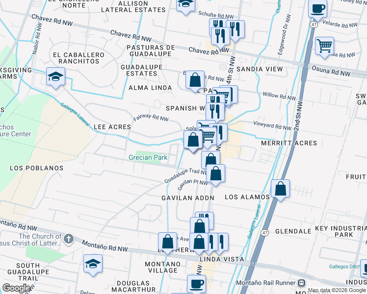 map of restaurants, bars, coffee shops, grocery stores, and more near 500 Círculo Gallegos Northwest in Albuquerque