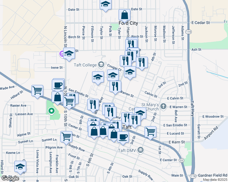map of restaurants, bars, coffee shops, grocery stores, and more near 607 Warren Street in Taft
