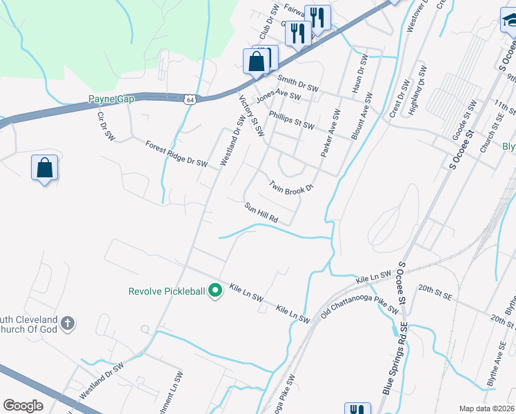 map of restaurants, bars, coffee shops, grocery stores, and more near 1929 Sun Hill Road in Cleveland