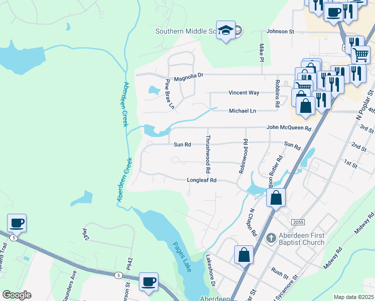 map of restaurants, bars, coffee shops, grocery stores, and more near 707 Sun Road in Aberdeen